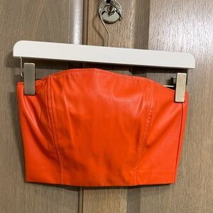 Vibrant Orange Vegan Leather Strapless Bustier Crop Top Size XS